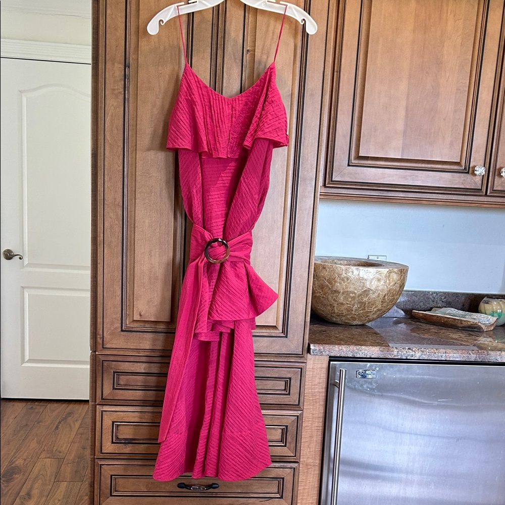 Club Monaco Fuchsia Ruffled Midi Dress with Ring Belt